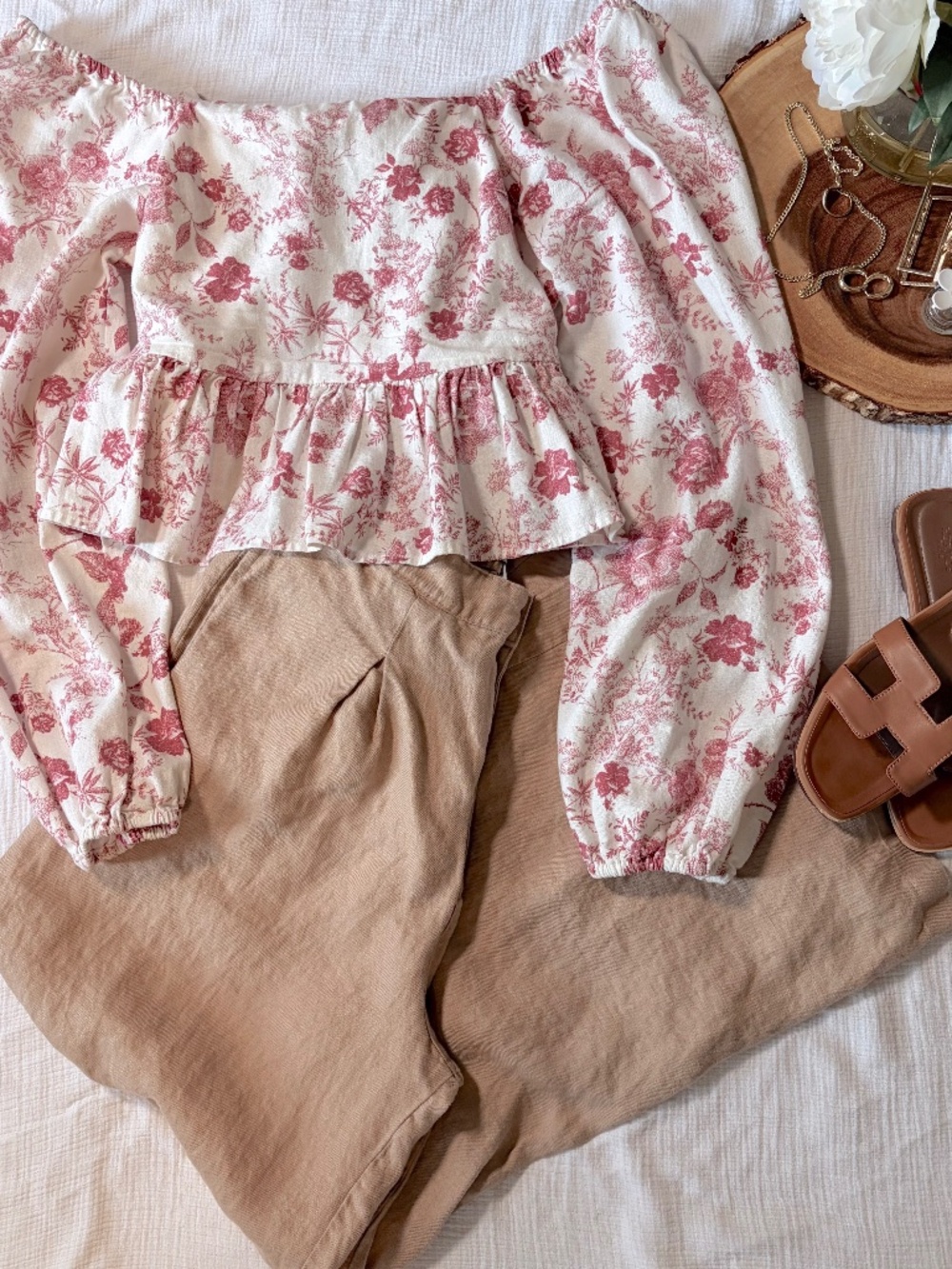 Francesca’s Leah Floral Tie Back Blouse Linen Blend Cottagecore Boho Size L